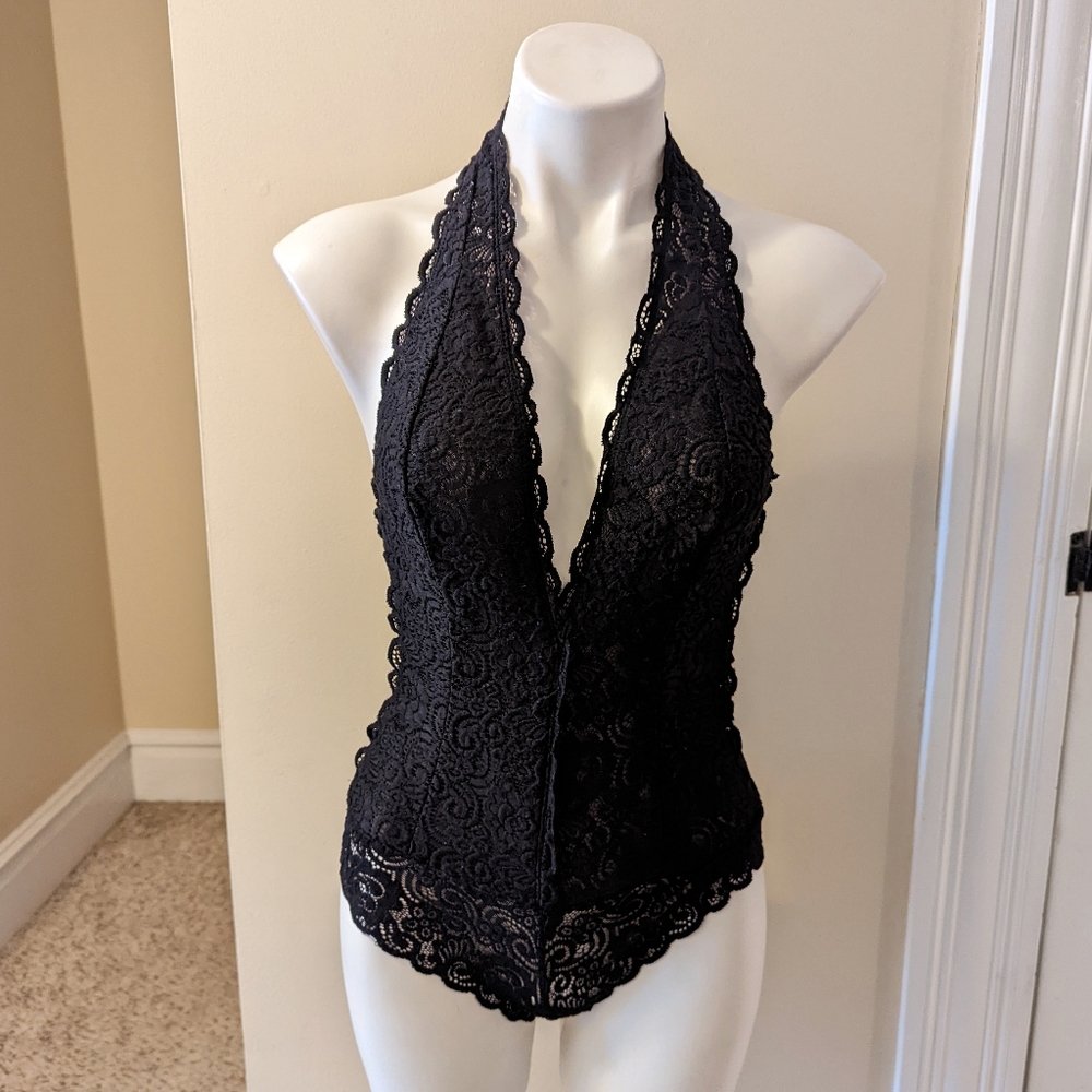 mais um black lace halter top teddy lingerie size medium